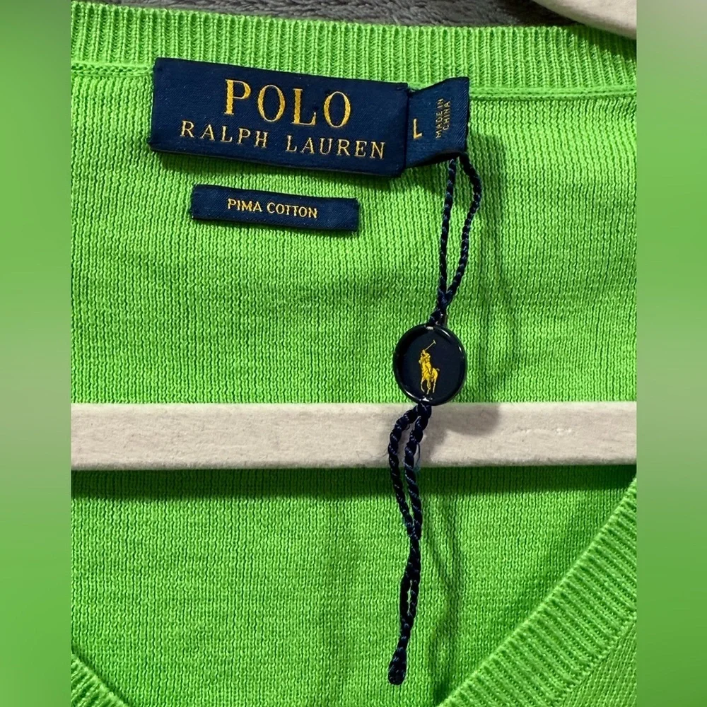 Polo Ralph Lauren Mens Large V-Neck Green Sweater  Pony 100% Pima Cotton NWOT